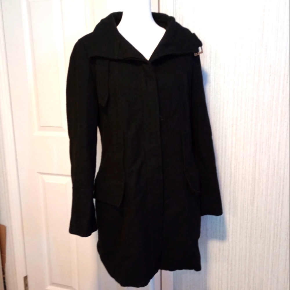 Zara Basic Women's Sz L Wool Blend Pea Coat Belted Neck Button Slim Pockets EUC